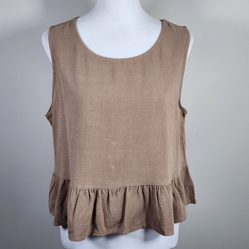 NEW Linen Blend Peplum Tank Top Womens L Brown Button Back Boho Earthy Natural
